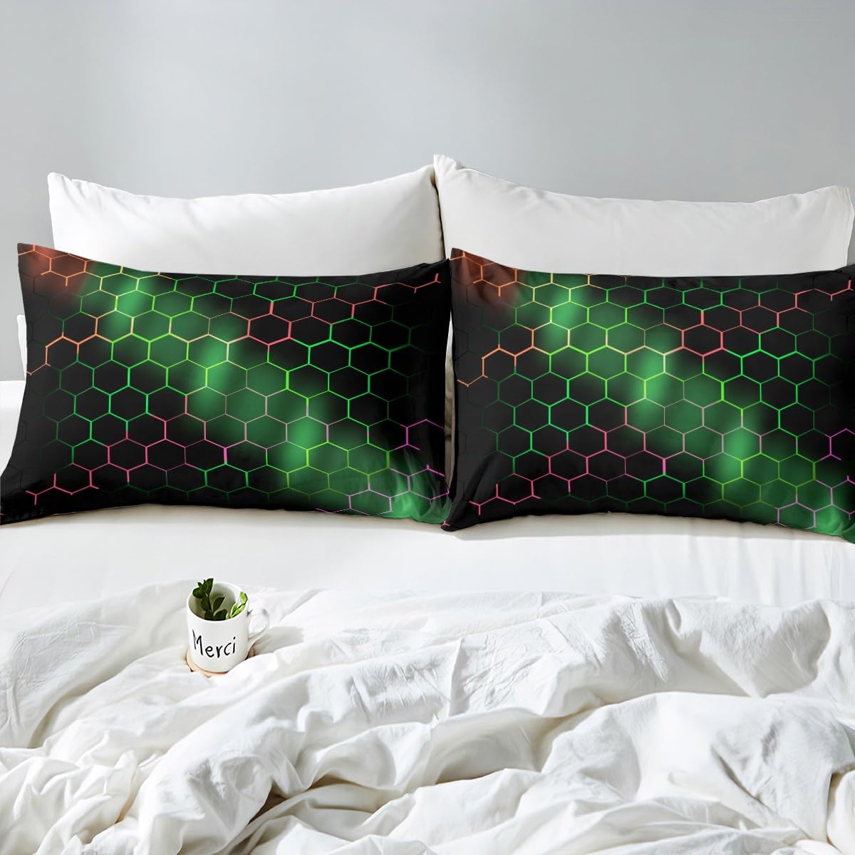Homewish Honeycomb Duvet Cover Single Black Green 3D Geometrical Hexagon Bedding Set for Boys Girls Kids,Geometric Hexagonal Beehive Pattern Comforter Cover Glowing Neon Bed Set Ultra Soft Room Decor - Image 4