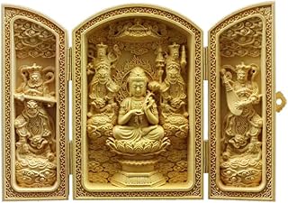 木彫り 仏像 【三開仏】（板形）【勢至菩薩】干支お守り本尊 午年 【うま】彫刻 ツゲ 柘植 ◆ 開運・守り本尊・携帯・お守り （高さ10.5cm×直径7cm×奥行2.5cm×開口幅14.5cm）