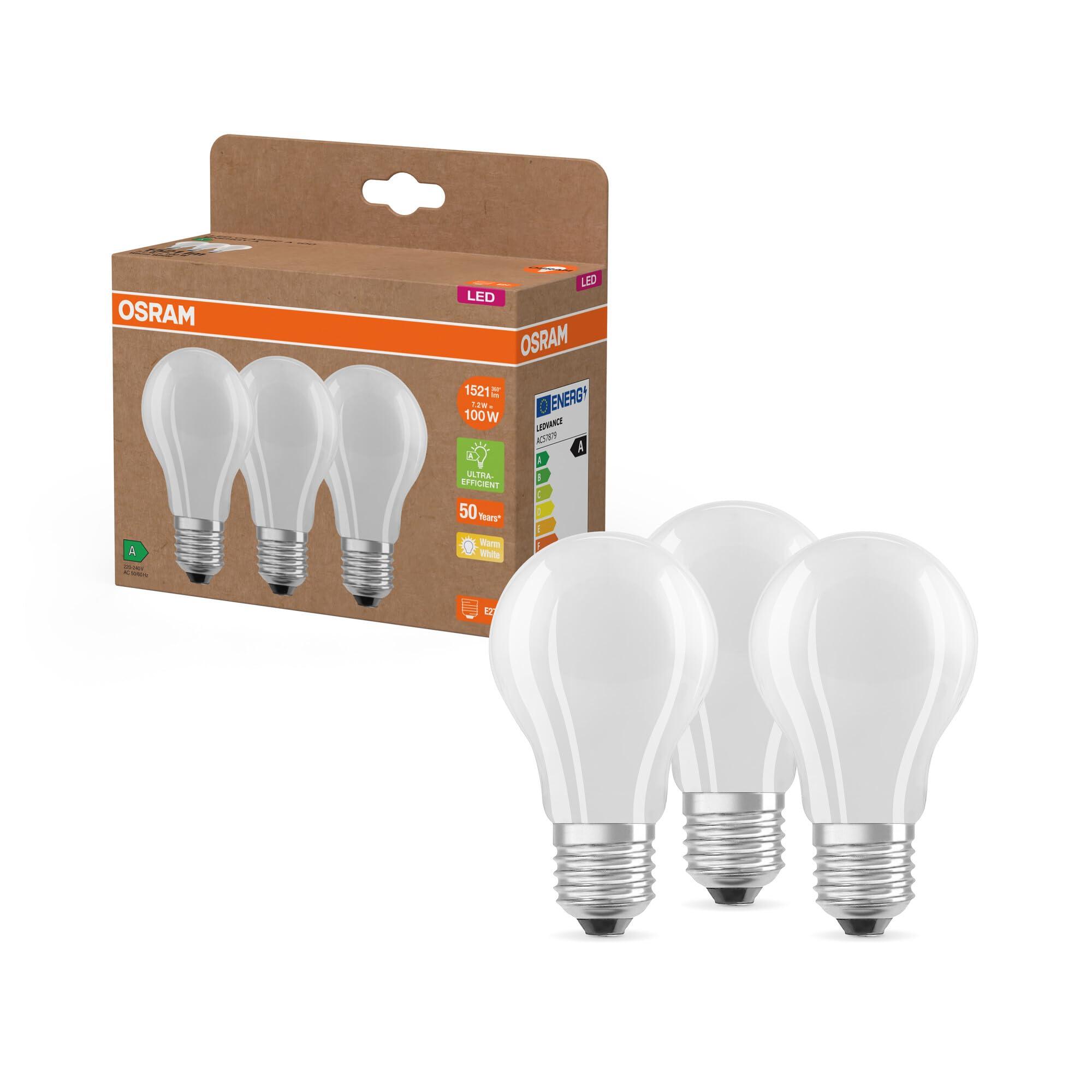 OSRAM Lampada LED Classic A100 Filament 7,2W 827, bianco caldo 2700K, E27, satinato, 1521 lm, 50.000h, classe A