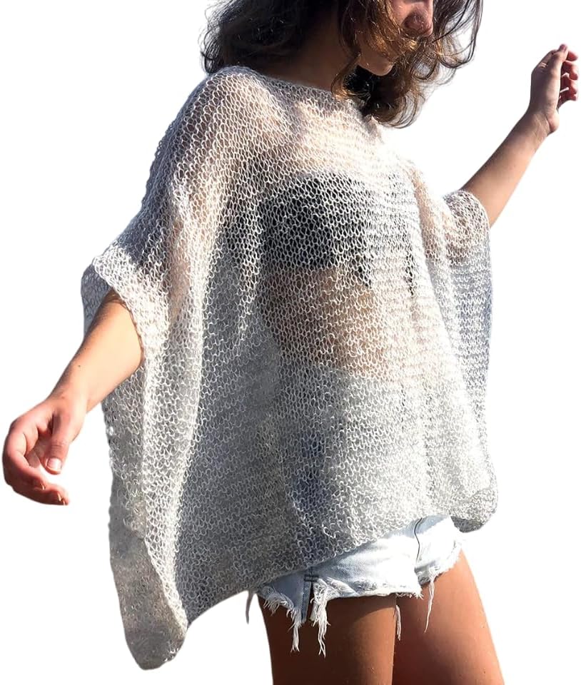 Womens Knit Sweater for Summer Beach Swimwear Cover Up Boho Chic Loose Knit Crop Top Cover Up Oversized Bikini Jacket Shrug Women Cardigan Grey Wedding Wear Knitwear Fashion