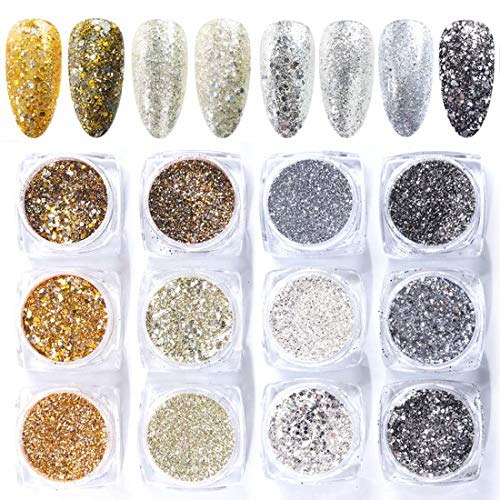 Holographic Nail Glitter Sequins Nail Art Supplies 12 Boxes 3D Color Nails Glitter Shining Flakes Acrylic Nail Powder Dust Silver Gold Cosmetic Festival Design Decoration Manicure Tips Charms