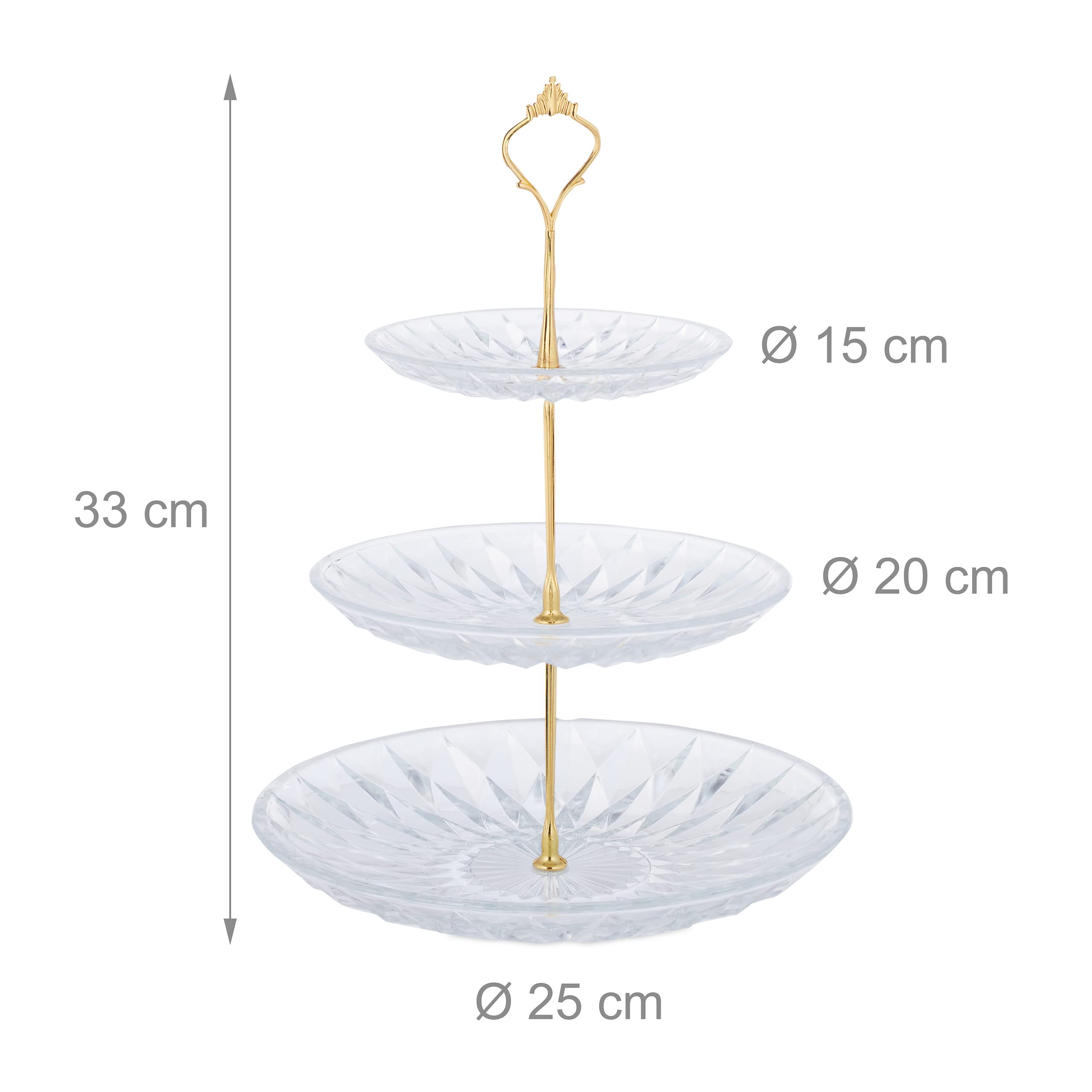 Relaxdays Présentoir à gâteaux, Verre et Fer, Plat de Service Vintage, 3 étages, H x D : 33 x 25 cm, Transparent/doré