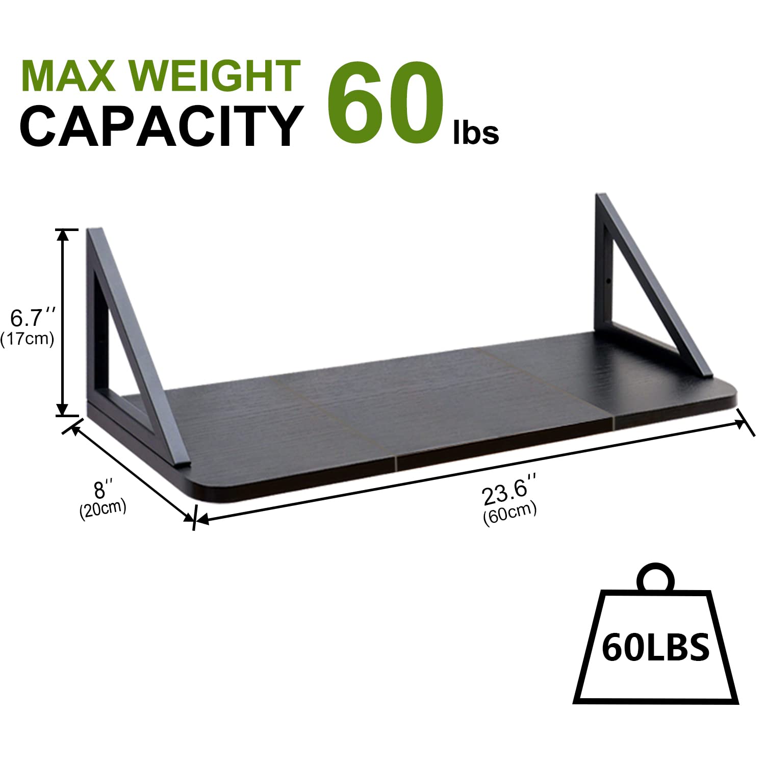 TEAMIX Set of 2 Black Wall Floating Shelves 23.6 inch, Wood Wall Mounted Book Shelf Hanging Shelf Organizer with Heavy-Duty Brackets for Living Room, Bathroom, Kitchen, Bedroom