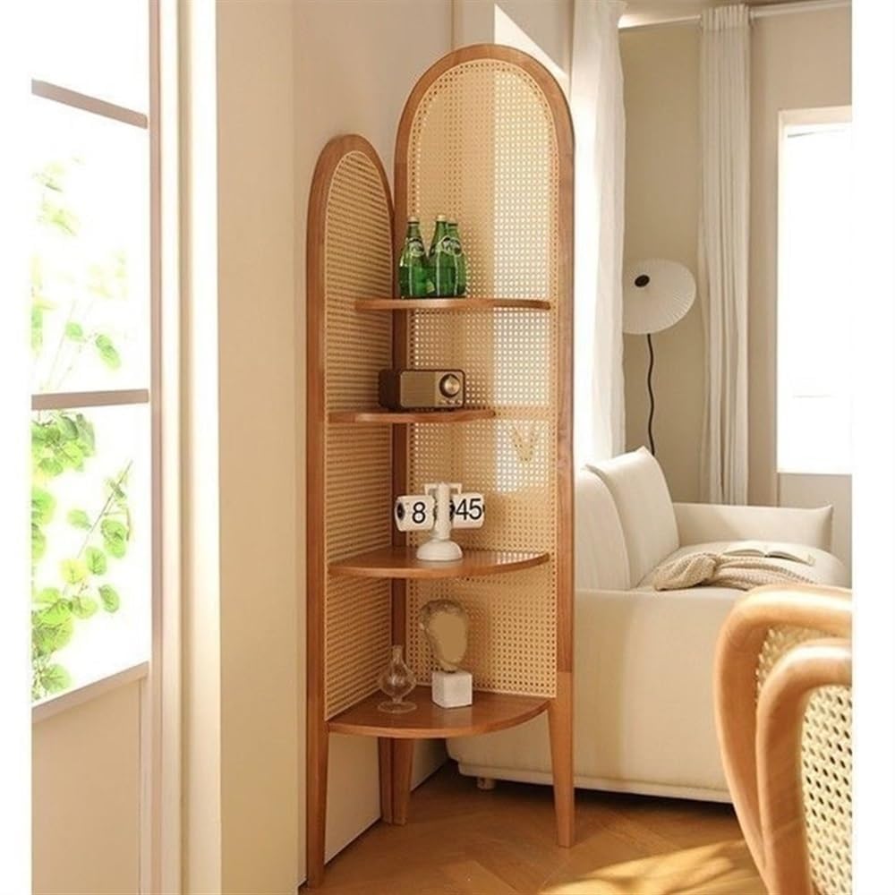 4-Tier Corner Shelf, Corner Bookshelf, Rattan Triangular Cabinet, Tall Corner Accent Chest Display Storage Rack, Plant Stand, Corner Storage Shelf for Living Room, Home Office, Bedroom,D