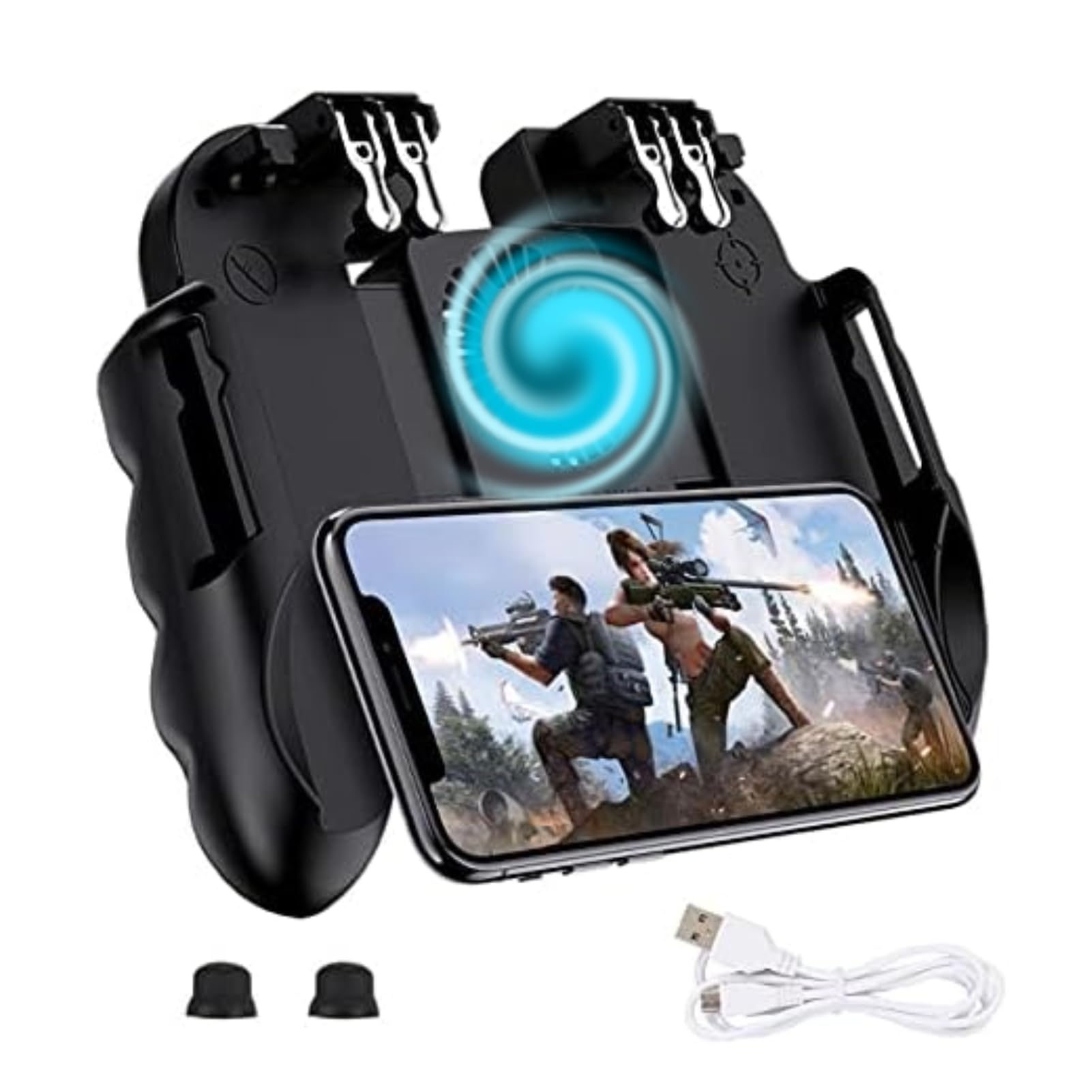 Ouitble Mobile Controller con Fan Ventola Raffreddamento 6 Finger Gamepad Joystick Smartphone Trigger per Smartphone da 4,7 a 6,5 ​​Pollici