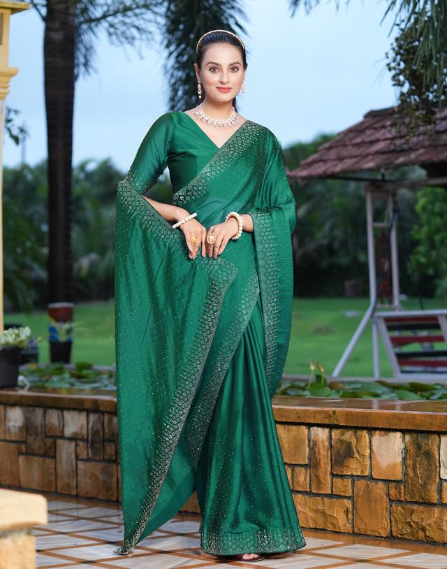 Image of SIRIL Women's Georgette Hot Fixing Stone Work Saree with Unstitched Blouse Piece (3186S138 Turquoise)