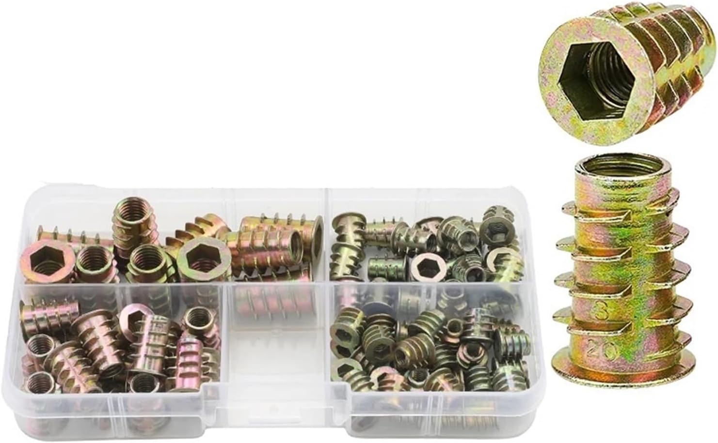 75pcs/185pcs Metric Threaded Inserts Nuts Kit M4 M5 M6 M8 Zinc Alloy Wood Inserts Nut Set for Furniture Hex Socket Screw Inserts(M4-M8 185pcs)