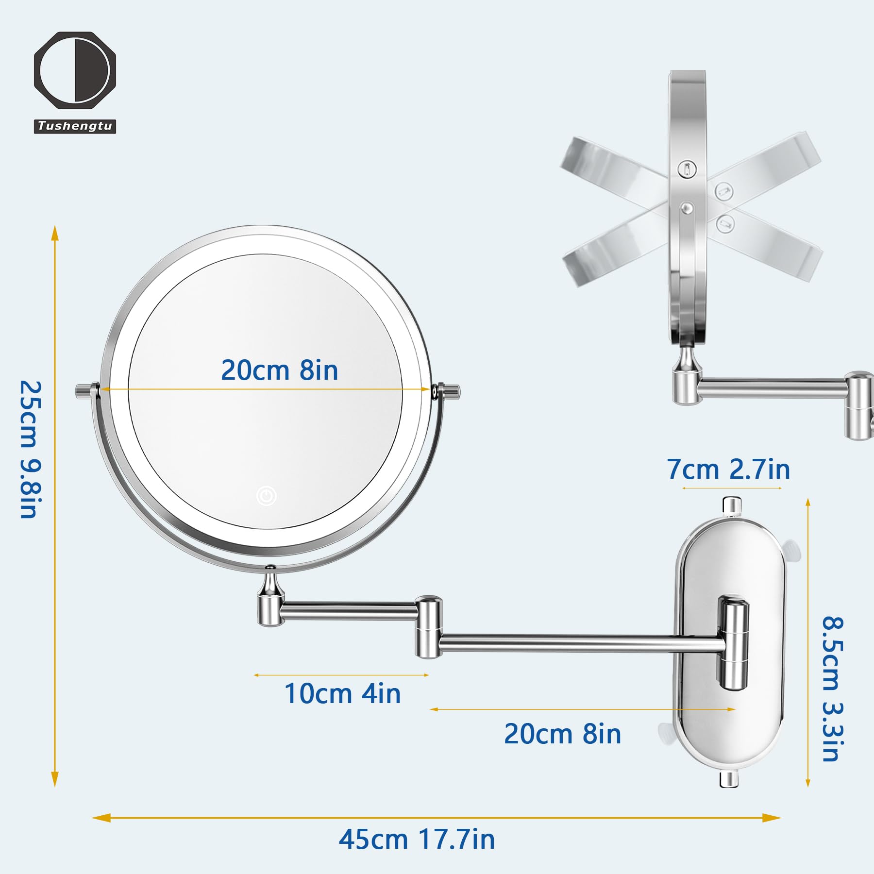 Espejo de Maquillage de Pared con Ventosa, 1/10X Aumento, 2000mAh Recargable Espejo Iluminado de Maquillaje con Ventosa, 360°Rotación para Baño, Espejo de Pared Cromo