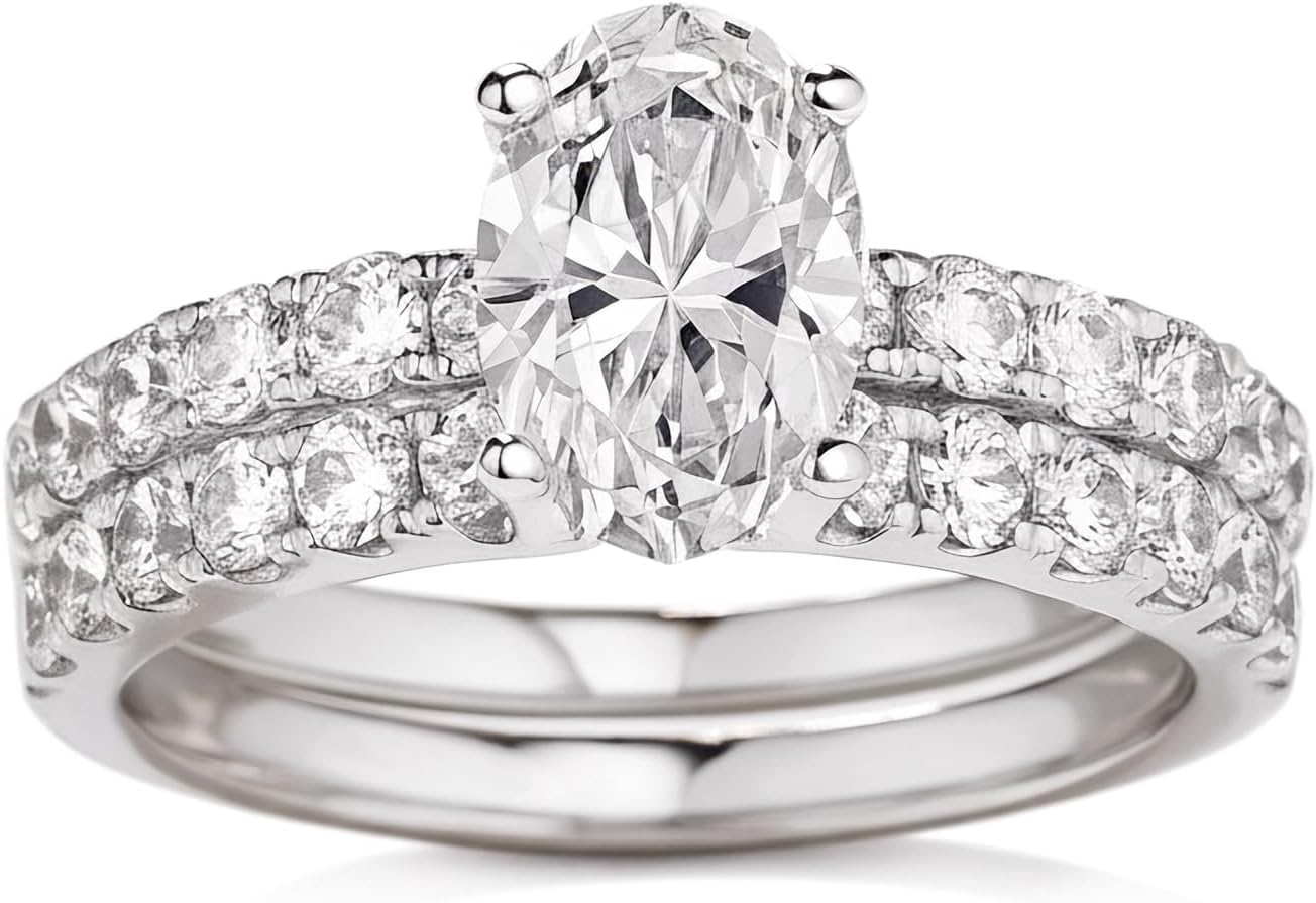 Moissanite Engagement Ring Set for Women Oval Cut Dainty Bridal Set Ring Personalized in S925 Sterling Silver/10k/14k/18k Gold