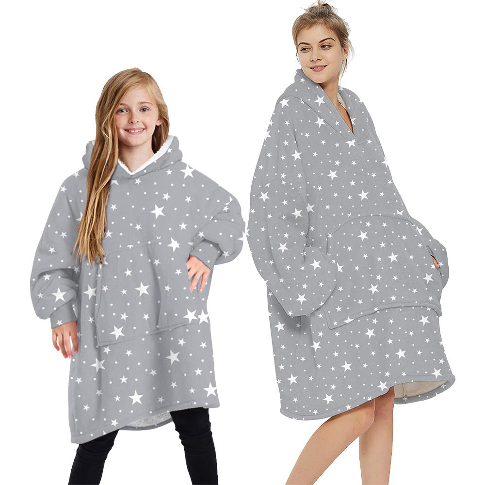 L&ieserram Oversized Oodie Blanket Hoodie Fluffy Fleece Hoodie Blanket for Women Men Kids Wearable Hooded Blanket with Big Pocket (Stars - Grey, 7-12 Years)