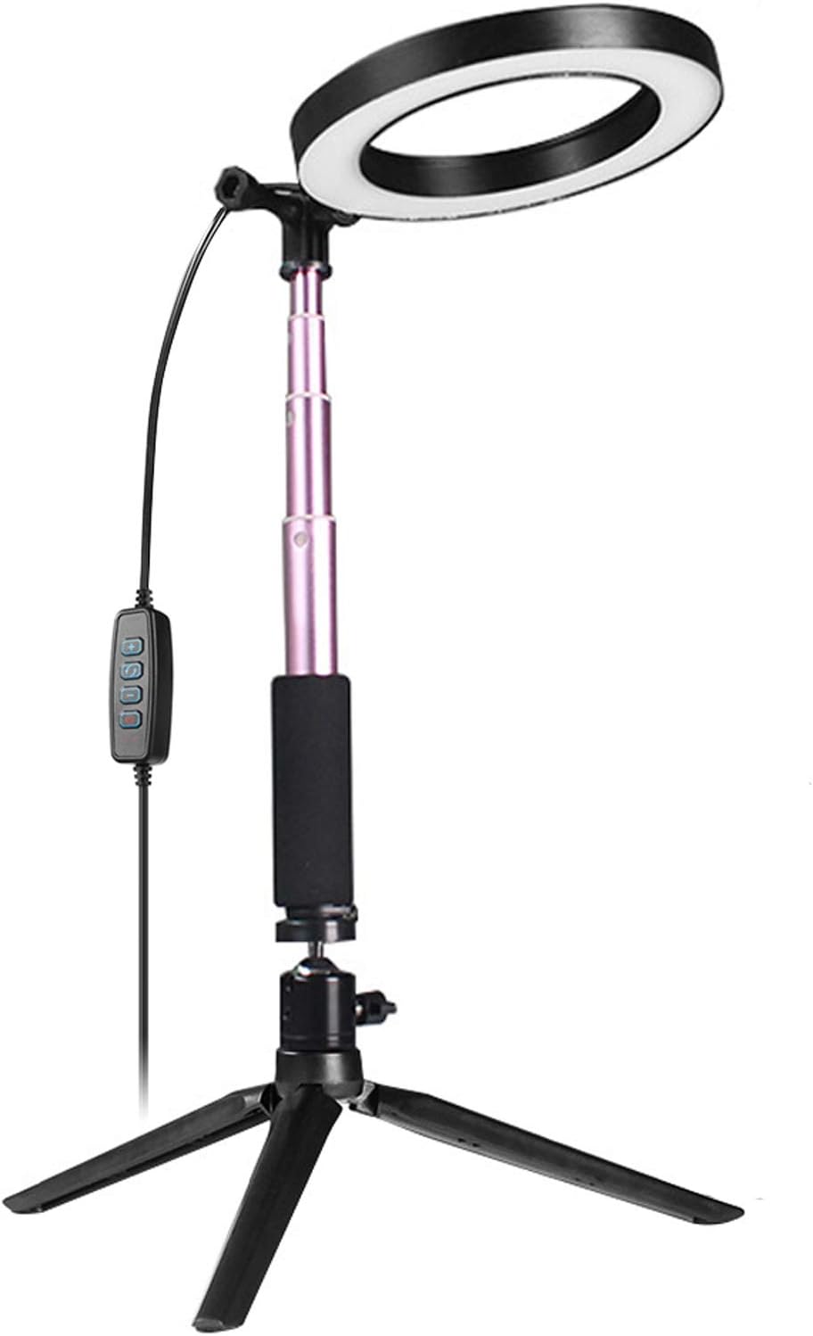 Fonrest LED Ring Light with Stretchable Tripod Stand Selfie Stick, 6-inch Dimmable Floor/Table Annular Lamp for Selfie, Makeup, Live Stream, Youtube, Vlog, Camera/Phone Video Shooting USB Plug(Pink)