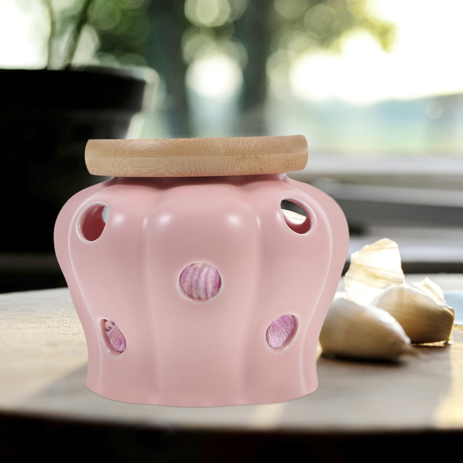 Hemoton Ceramic Garlic Keeper Vented Design for Fresh Storage Elegant Kitchen Organizer for Garlic and Ginger Hollow Container Lid
