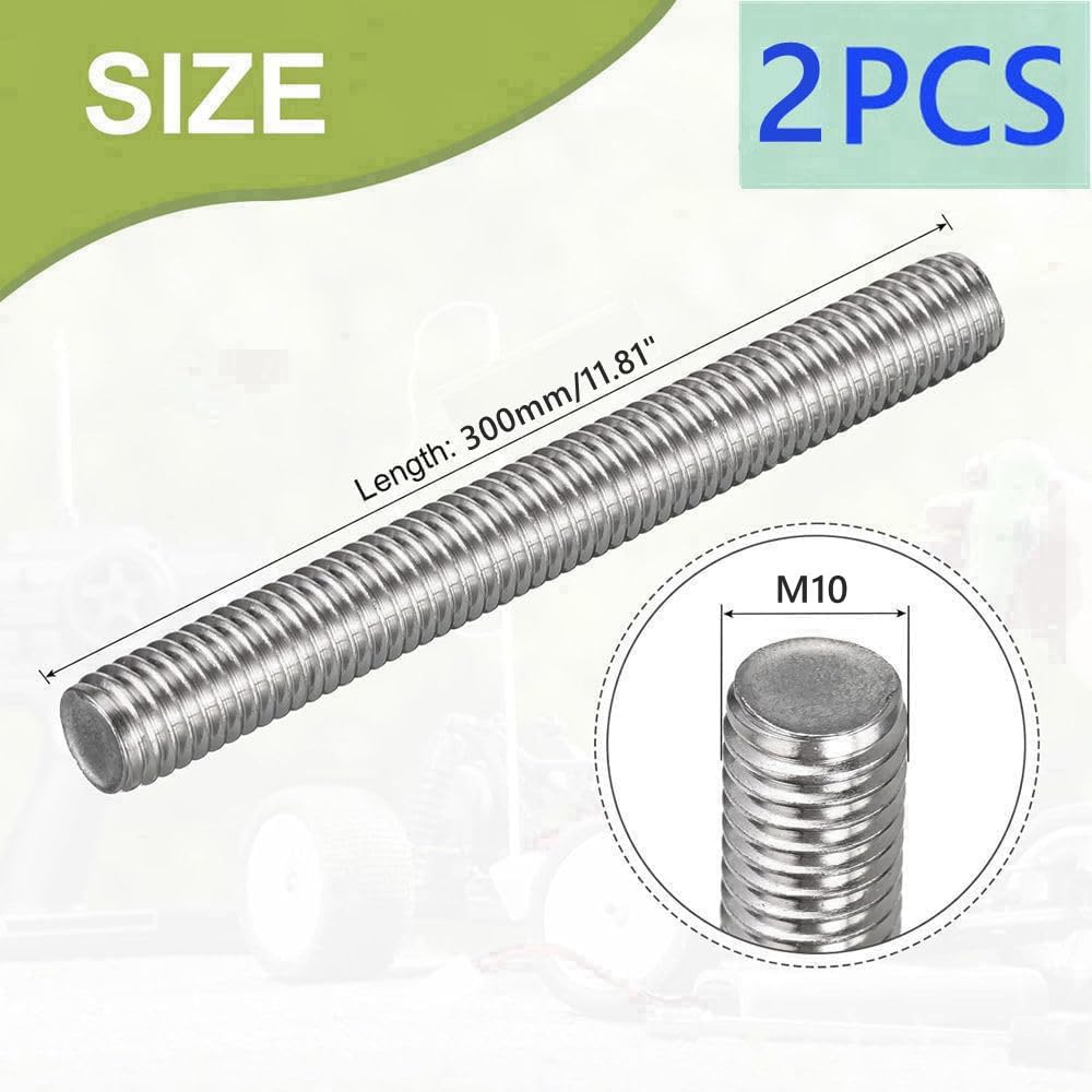 FarDeer Fully Threaded Rod,M6/M8/M10 304 Stainless Steel Long Threaded Screw,Right Hand Threaded Rods Bar Studs. (M10x300mm*2pcs) - Image 2