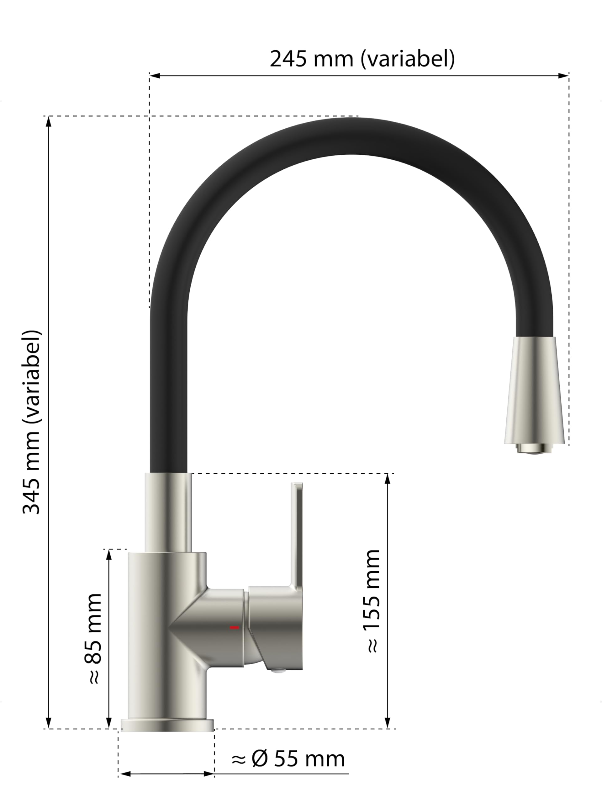 EISL Flexo Edelstahl/Schwarz Flexible Spültischarmatur Niederdruck, biegsamer Wasserhahn für die Küche, mit Soft-Touch-Schlauch, 360 Grad schwenkbar, Wasserhahn Küche flexibel, NI186FLNIB-LPU