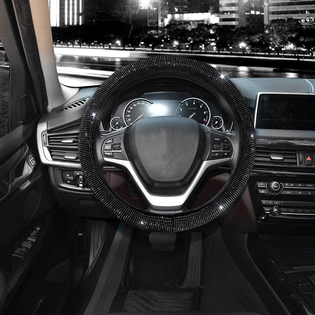 Valleycomfy Steering Wheel Cover for Women 15 1/2 inches-16 inches Bling Bling Crystal Diamond Sparkling for F150 F250 F350 Ram 4Runner Tacoma Tundra Range Rover (Black with Black Diamond)