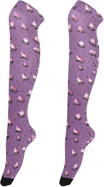 Extra Long Stocking Socks Over the Knee,Purple Frogs with Stars Womens Opaque Thigh High Boot Stockings,Fashion Thin Tights Sock Leg for Daily Life Cosplay