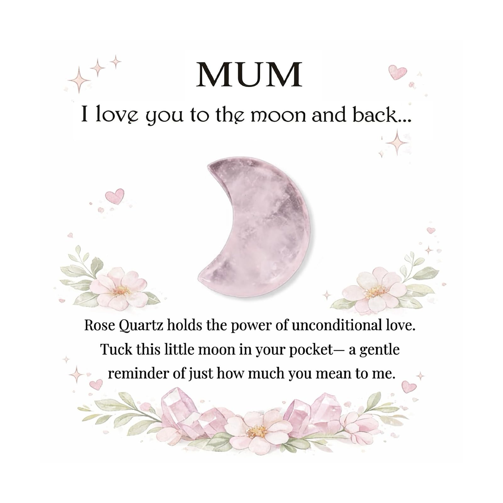 Zenthraa Women's Mum Moon Shaped Rose Quartz Crystal Gift For Moon Gifts- Heartfelt Birthday Present For Sister, Daughter, - With Love Card, Unique Keepsake Token Of Unconditional Love (Mum)
