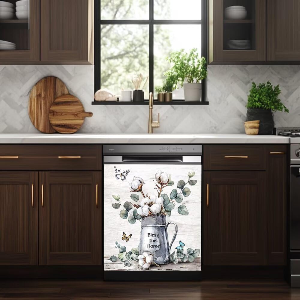 Pastoral Cotton Flower Magnetic Dishwasher Cover Sticker, Rustic Farmhouse Floral Dishwasher Magnet Cover Refrigerator Magnetic Vinyl Panel Decal Kitchen Decorative, 23W x 26H inchs