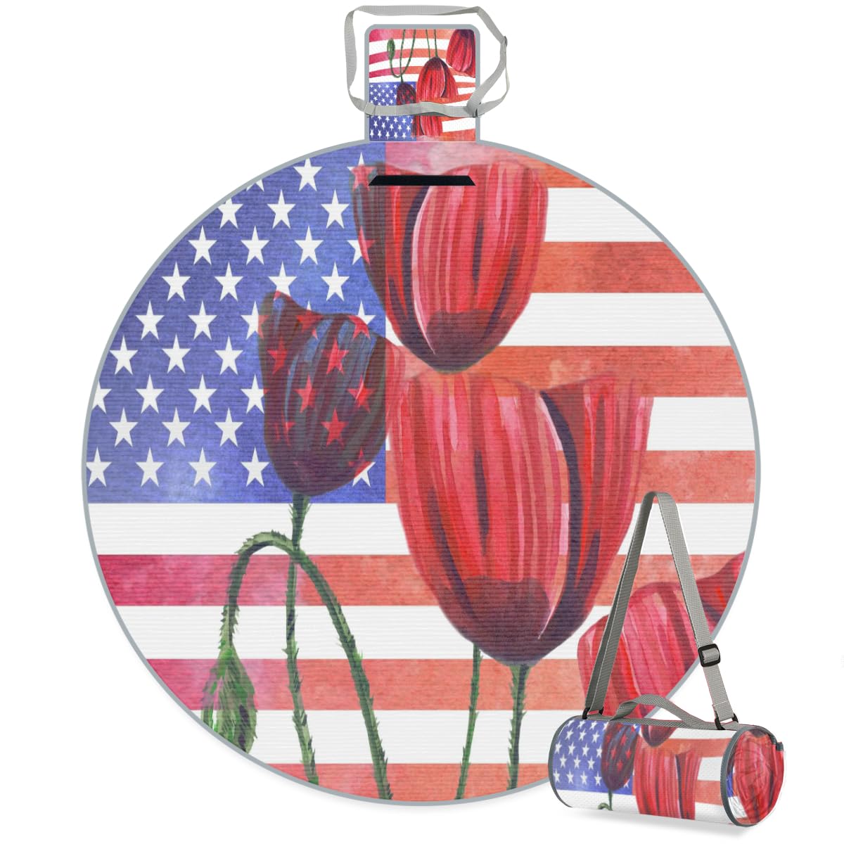 Shimoshe Flower Poppy American Flag Picnic Outdoor Blanket Foldable Waterproof Sandproof Beach Blanket Portable Water-Resistant Round Picnic Mat for Travel Camping Park Lawn