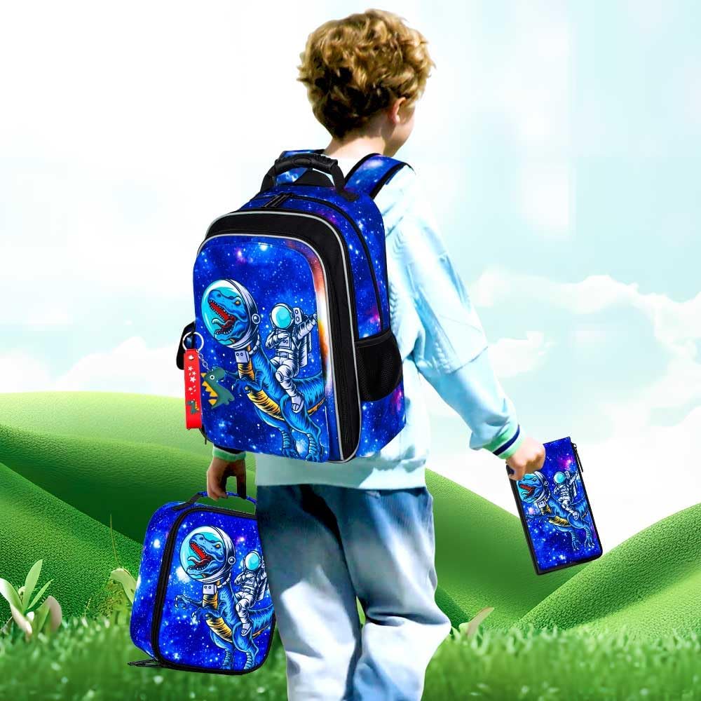 UFNDC Dinosaurier-Rucksack für Jungen, Vorschul-Büchertasche mit Lunchbox, 40,6 cm, wasserabweisend, Schultasche für Grundschulkinder, 3 Stück, Dinosaurier-Astronaut, 40,6 cm, Einheitsgröße,