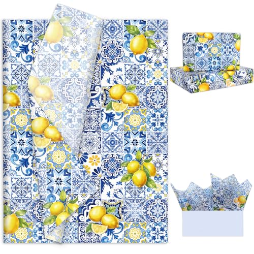 JarThenaAMCS 60 Sheets Capri Lemon Tissue Paper Blue Tiles Yellow Lemons Wrapping Paper for Summer Birthday Baby Shower Wedding Party DIY Crafts Supplies, 14 x 20 Inch