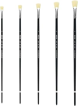 XDT#656 Fishtail Fan Artist Paint Brush 5 Piece Set Medium Stiff Hog Bristle Extra Long Handle #0#2#4#6#8, Acrylic Oil Watercolor