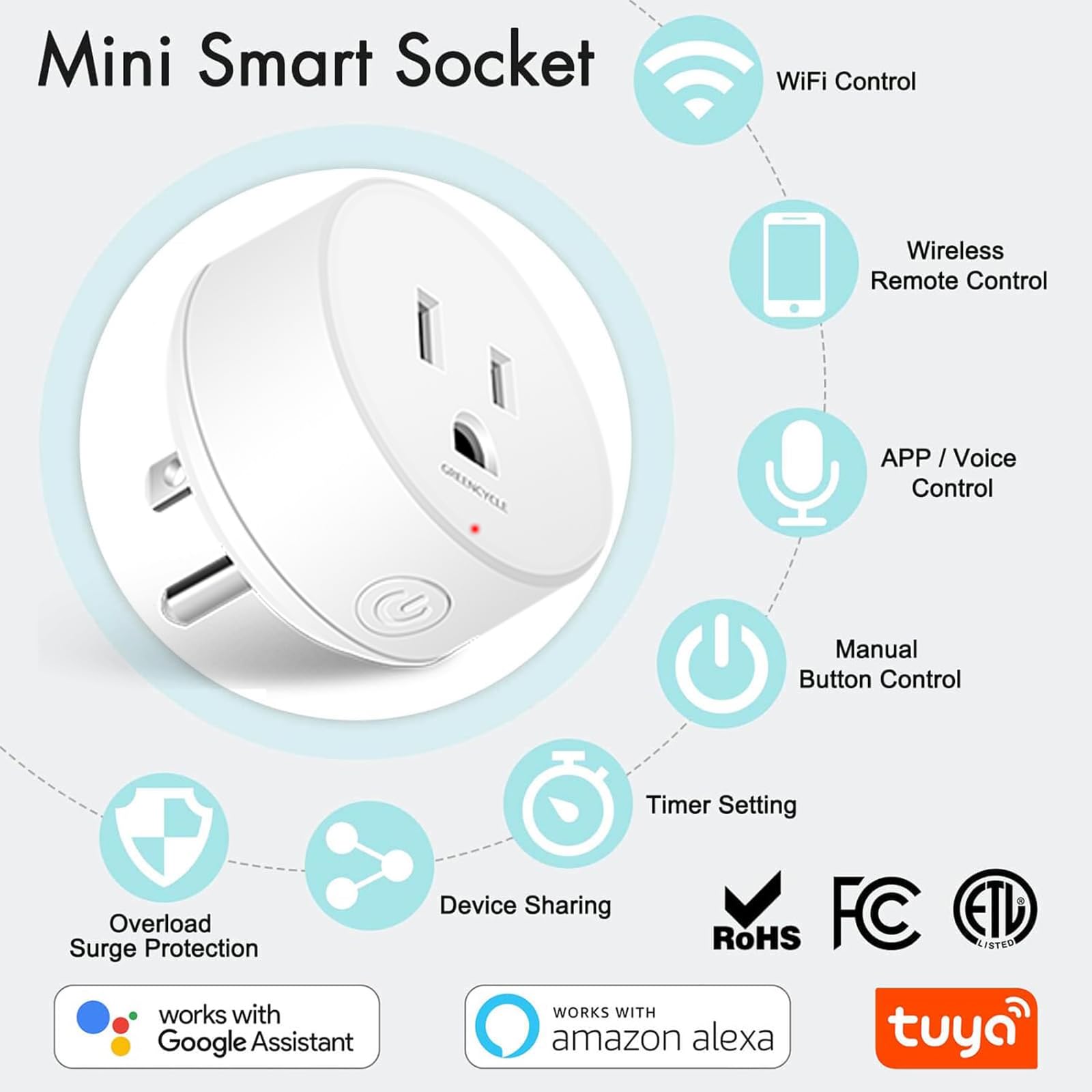 WiFi Smart Outlet Plug with Remote GreenCycle Electric Smart Plug with Wall Switch Compatible with Alexa and Google — view 2