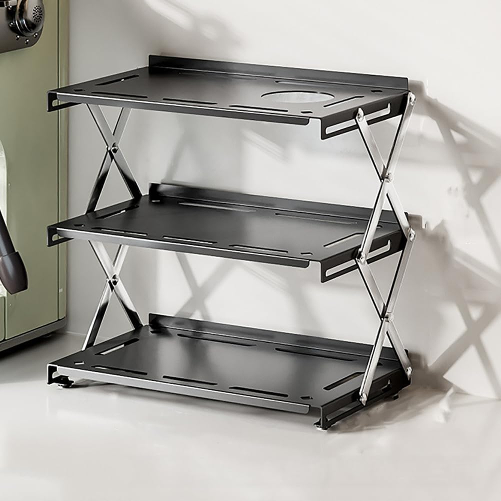 Folding Storage Rack,Desktop Organizing Rack,Adjustable Display Shelf, Metal, Space-Saving Tabletop Shelf,Black,34cm/13.4" H