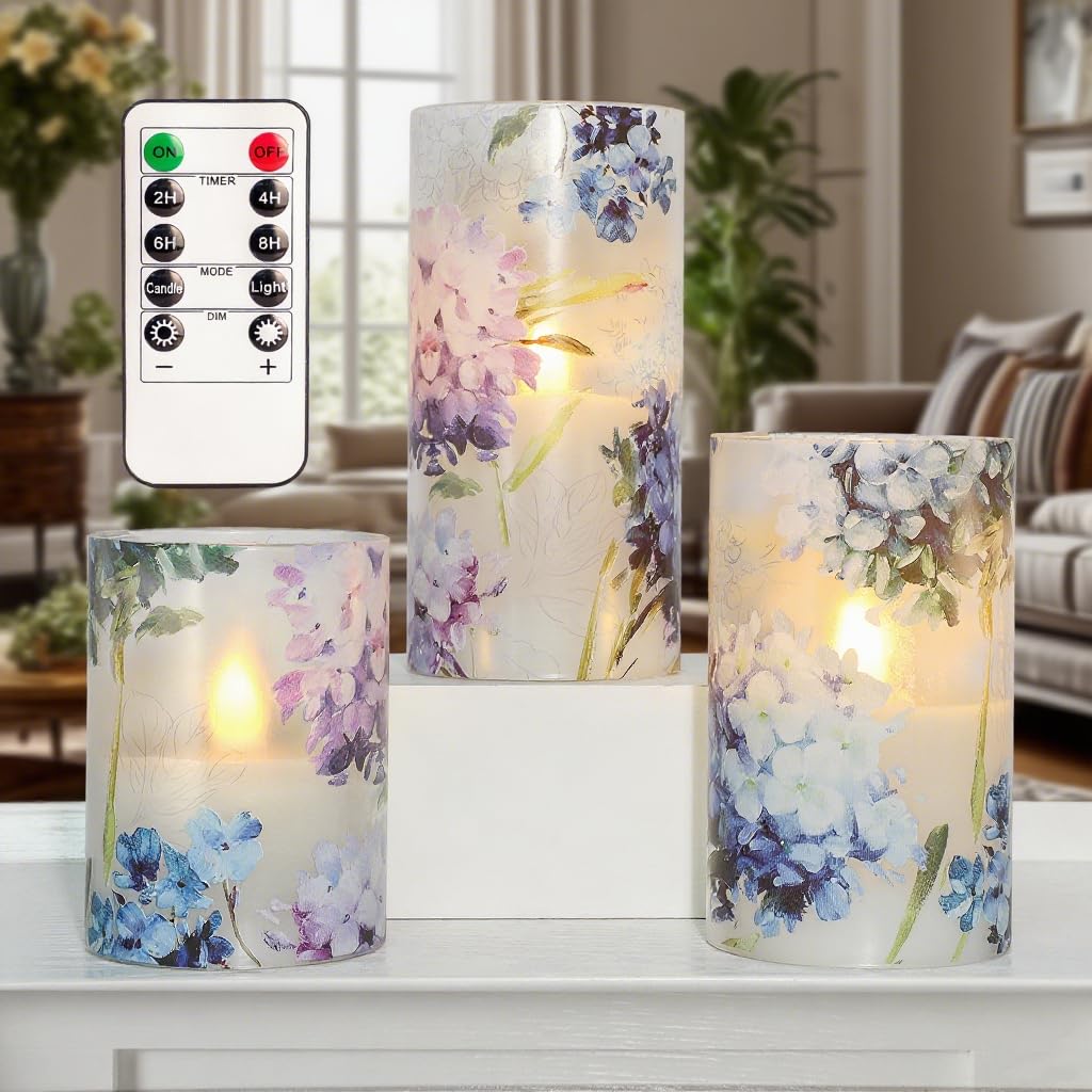 Velas decorativas sin llama, juego de 3 calcomanías de hortensia azul parpadeante con efecto de vidrio, luces de velas con pilas para regalo de Navidad, decoración de boda, hogar