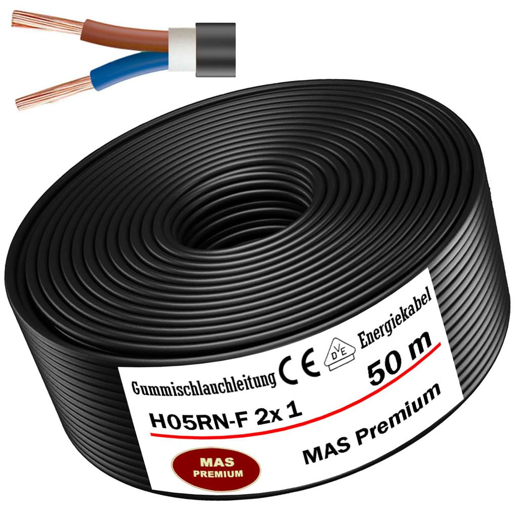Przewód gumowy od 5 do 100 m, kabel zasilający na plac budowy H05RN-F 2 x 1 mm², elastyczny przewód do ciężkich urządzeń (50 m)