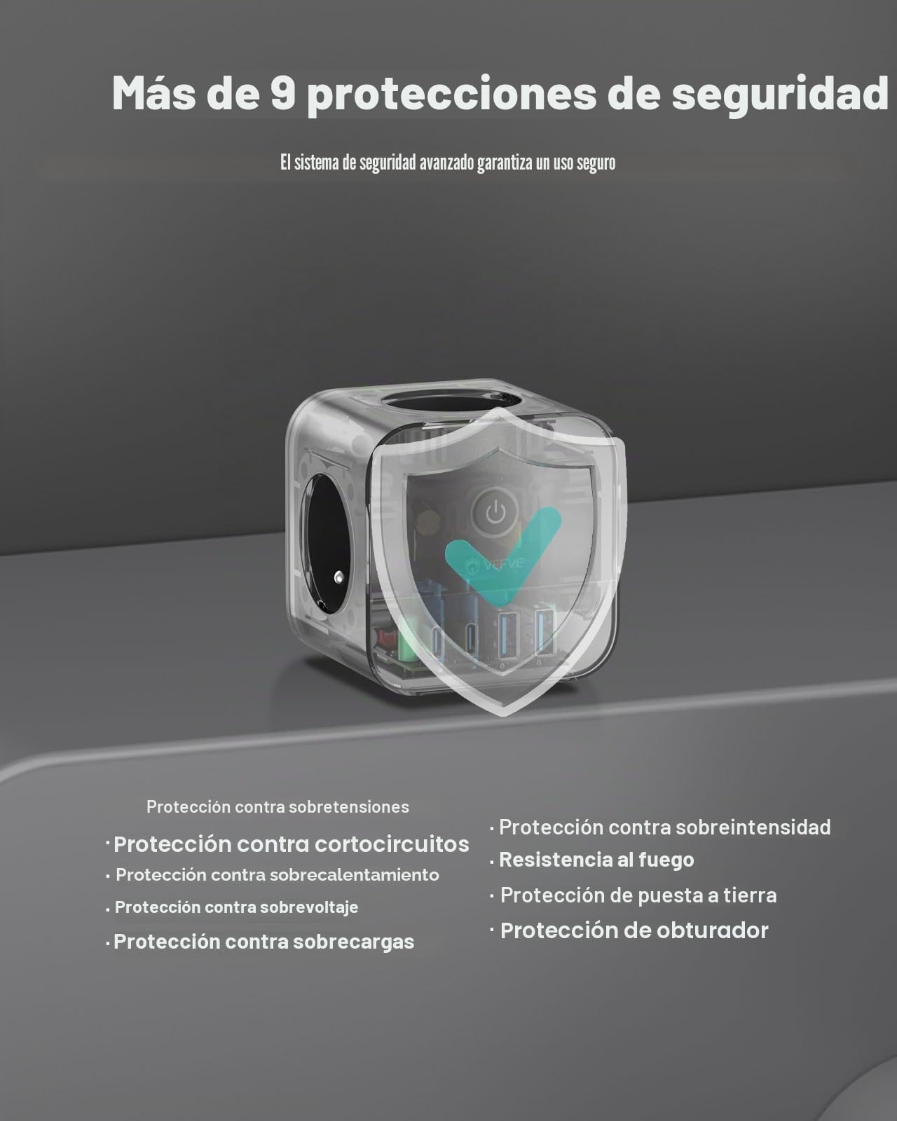 VEFVE Regleta Tipo E (Estándar Francés) 70W GAN, Cubo Enchufe Múltiple 7 en 1 Sin Cable con Interruptor, Carga Rápida para iPhone 17, MacBook, Galaxy, Negro