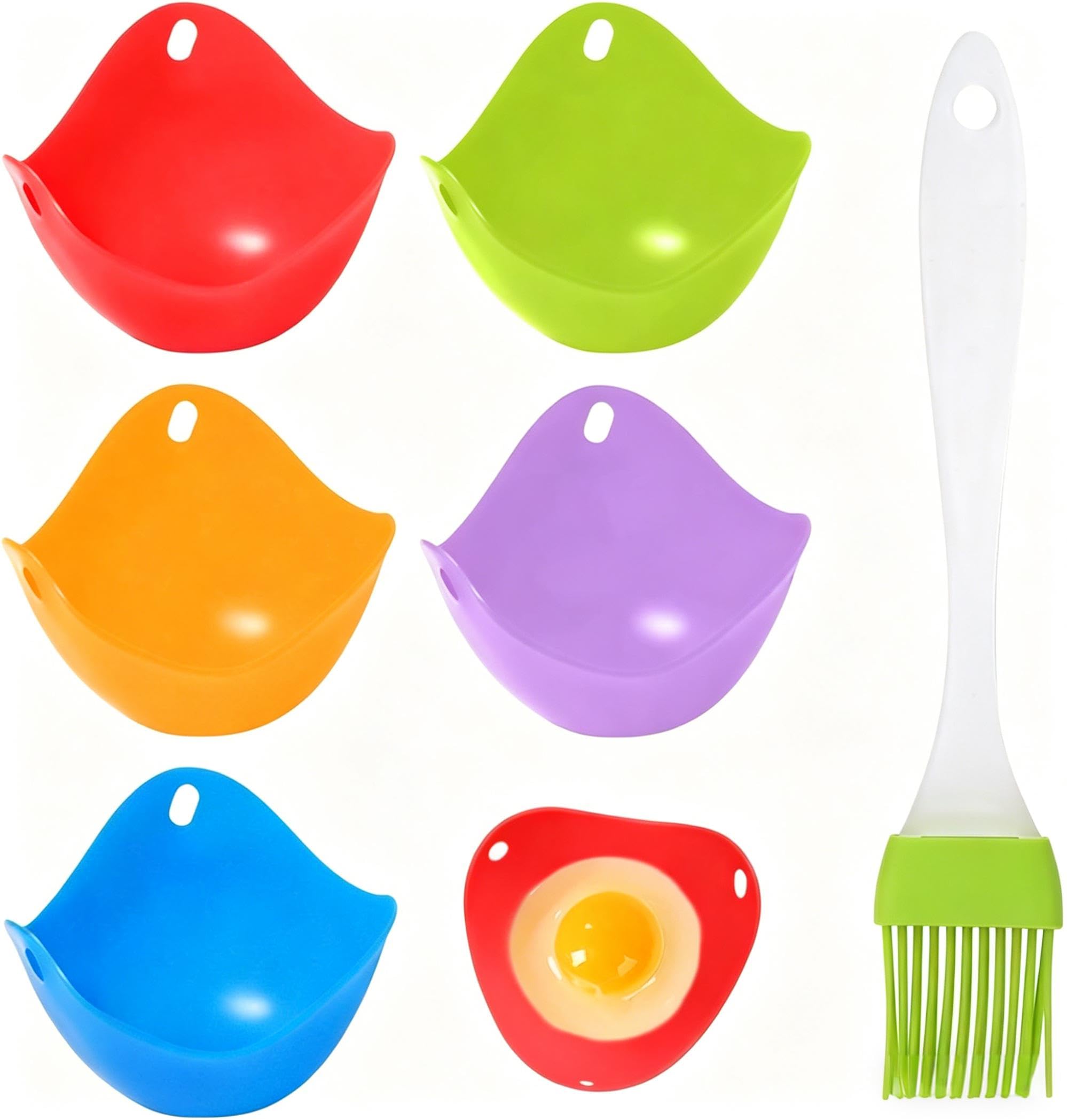 5 Pieces Silicone Egg Poacher Cups with Ring Stands, Non-Stick Egg Poaching Cups for Air Fryer,Microwave Poach Pods with Oil Brush,BPA-Free Egg Poaching Pan for Egg Pans,Steam Kettle and Microwave