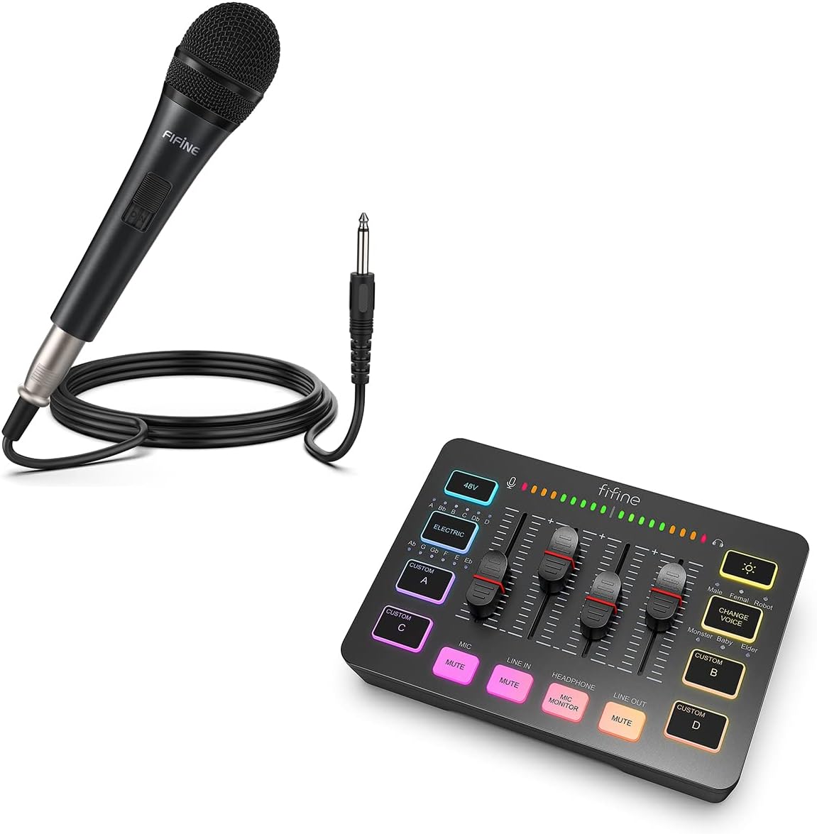 FIFINE Karaoke Microphone and Streaming 4Channel RGB Mixer, Gaming Audio Mixer with