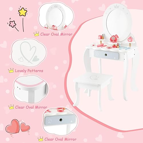Miniatura 5 de HONEY JOY Vanity - Juego de mesa y silla de maquillaje de madera para niños, 10 piezas de accesorios de vestidor, espejo de princesa de tres