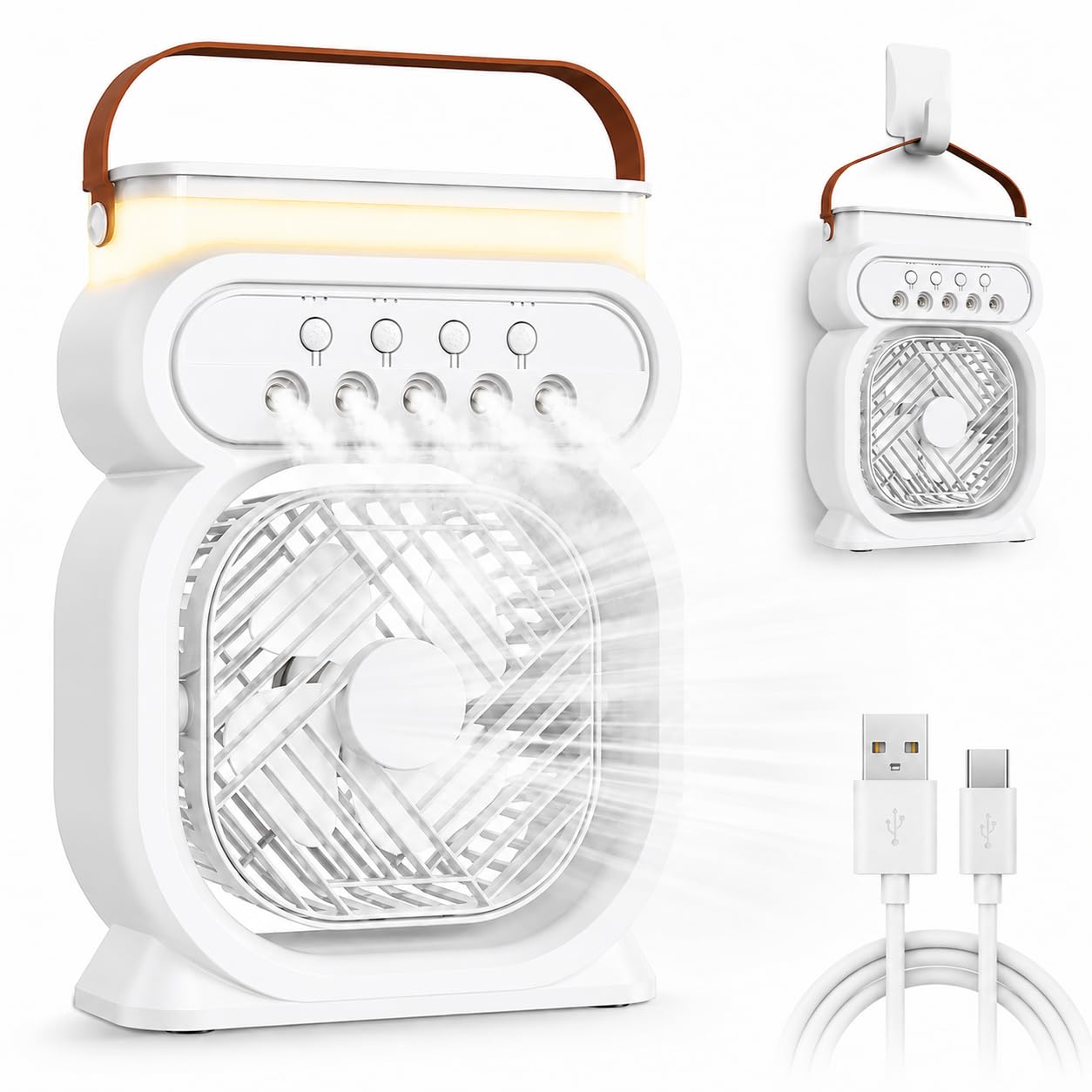 Mini Portable AC Air Conditioner, Evaporative Cooler Fan That Cools Like an AC 5-Mist, 3 Speeds, Timer, 7-Color Light, 450ml Tank Personal Hoseless Water AC Unit for Bedroom Office Car Camping(White)