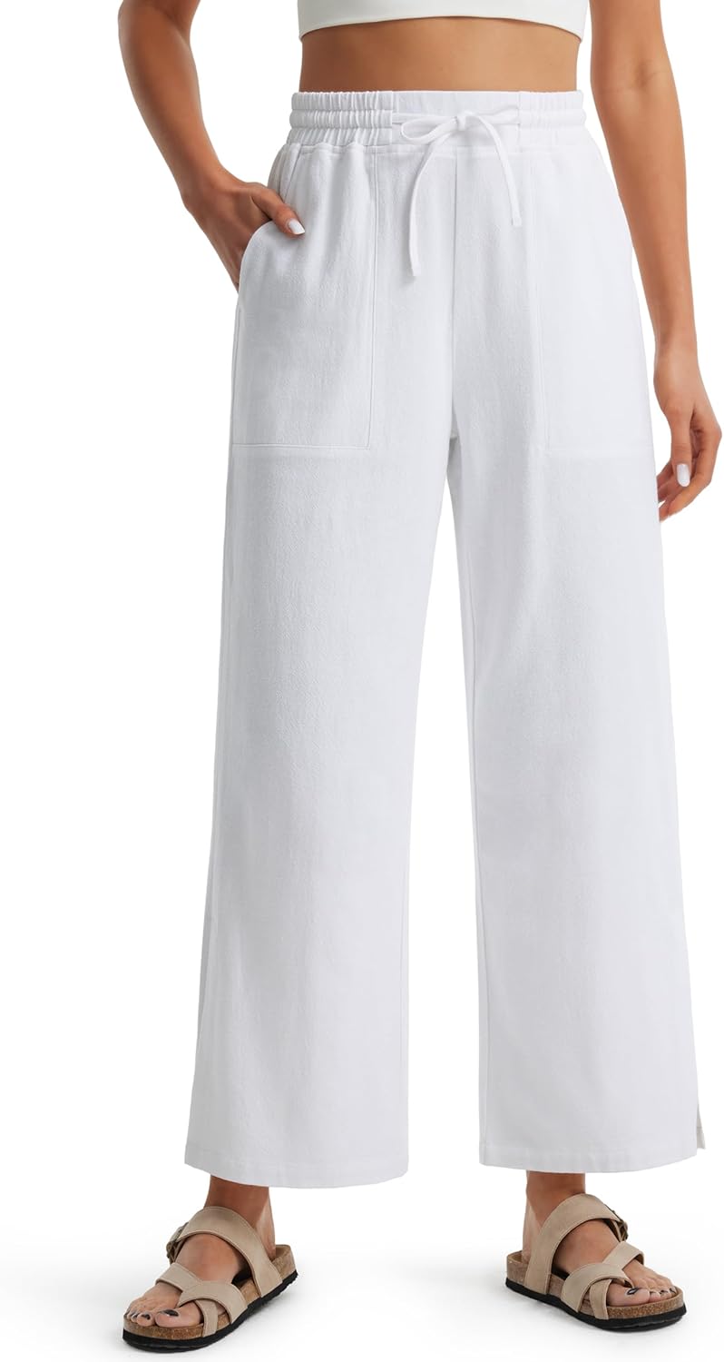 Libin Women Linen Pants Wide Leg Side Slit Ankle Pants High Waist Drawstring Casual Palazzo Loose Beach Pant Cropped Trousers - Image 2
