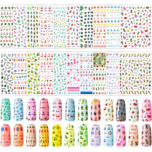 2500 Pieces Summer Nail Art Sticker Hawaii Nail Decals 3D Self-Adhesive Nail Stickers Flamingo Cactus Fruits Ocean Leaves Decals DIY Nail Decoration for Women Girls Kids，20 Sheet