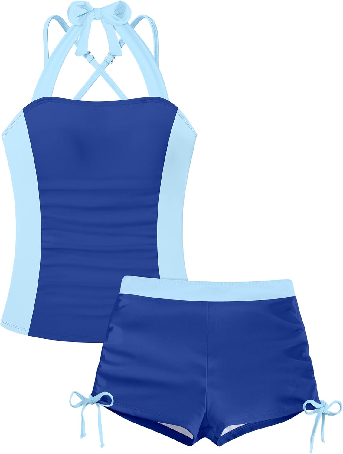 Girls Swimsuit 2 Piece Halterneck Tankinis with Back Cross Straps Drawstring Shorts Girls Bathing Suit for Teens 9-18Y