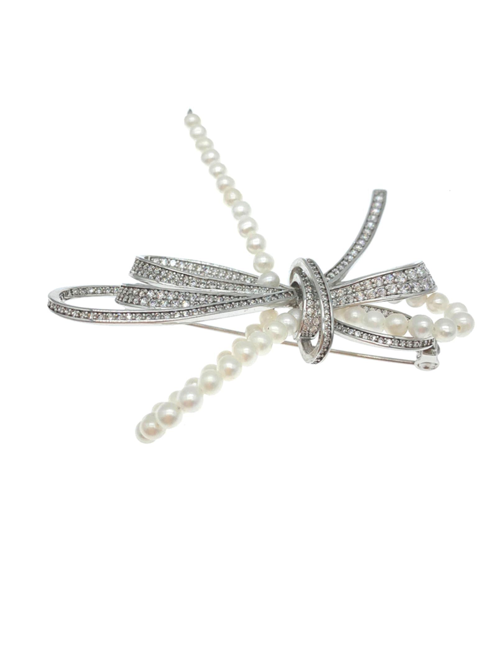 Spilla Perle d'acqua dolce bianche da 3,5-4 mm con fiocco in argento con zirconi cubici per regali per ragazze da donna