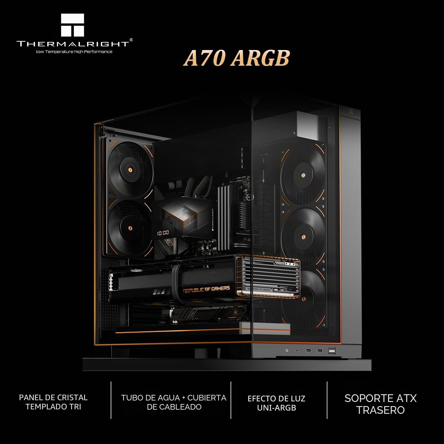 Thermalright Caja para PC A70 ARGB, Cristal Templado panorámico de 270°, Carcasa ATX Mid Tower, Compatible con Placa Base ATX/GPU de 420 mm, Oculta, Color Negro, con Barra de luz ARGB