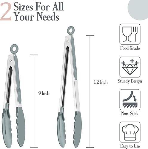 Miniatura 2 de TeamFar Pinzas de cocina, pinzas de cocina de acero inoxidable de 9 y 12 pulgadas con puntas de silicona para cocinar a la parrilla y hacer