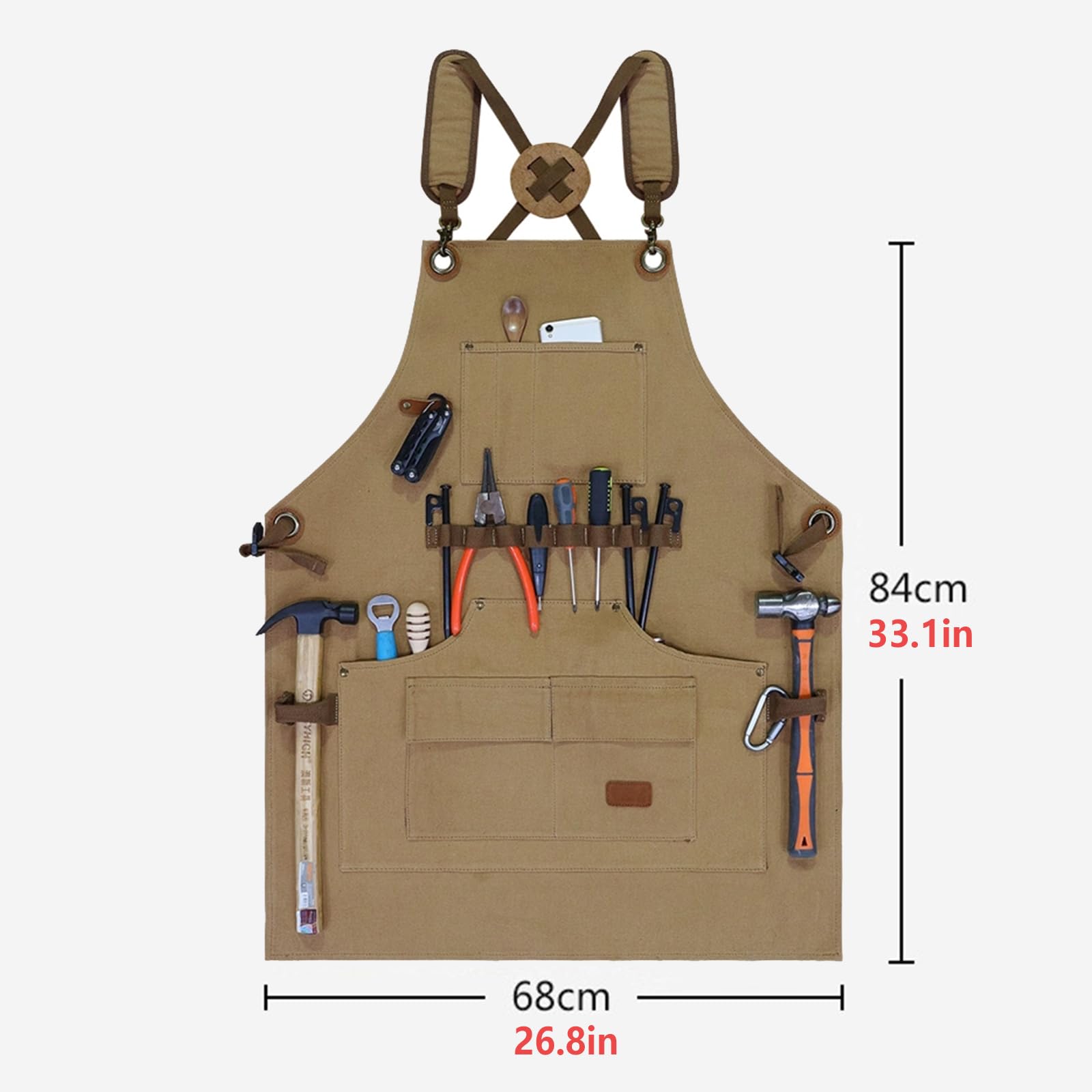 Tabliers De Travail pour Hommes Femmes, Tabliers Toile avec Sangle Réglable Et 7 Poches, Tablier pour Charpentier,Menuisier Beige,One Size