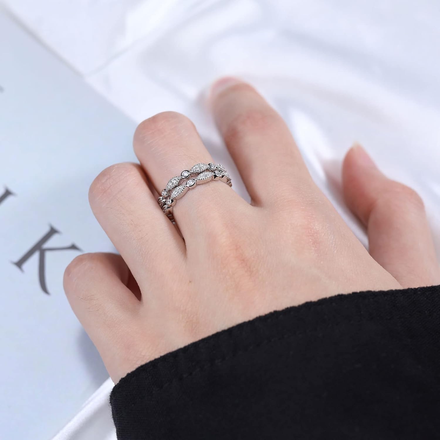 Ladylike Moissanite Wedding Band Milgrain Marquise Half Eternity Ring 925 Sterling Silver Band D Color VVS1 Lab Created Half Eternity Stackable Rings for Women - Image 4