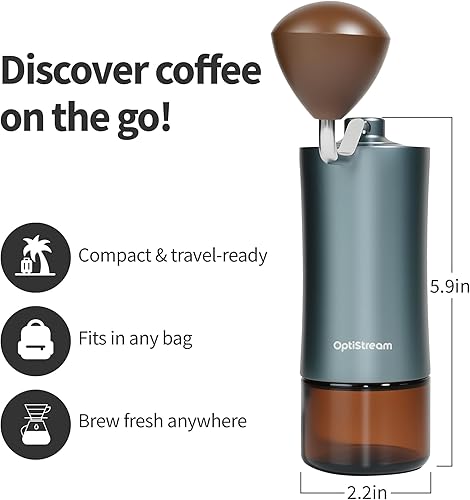 Miniatura 5 de Molinillo de café manual de 6 rebabas - Acero de alto carbono CNC420 fácil de usar, cuerpo de aluminio gris y tarro de vidrio, capacidad de 0.88 oz,