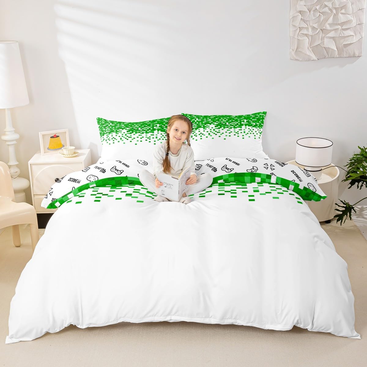 Housse de couette jeux vidéo et taie d'oreiller verte pour parure de lit double enfant