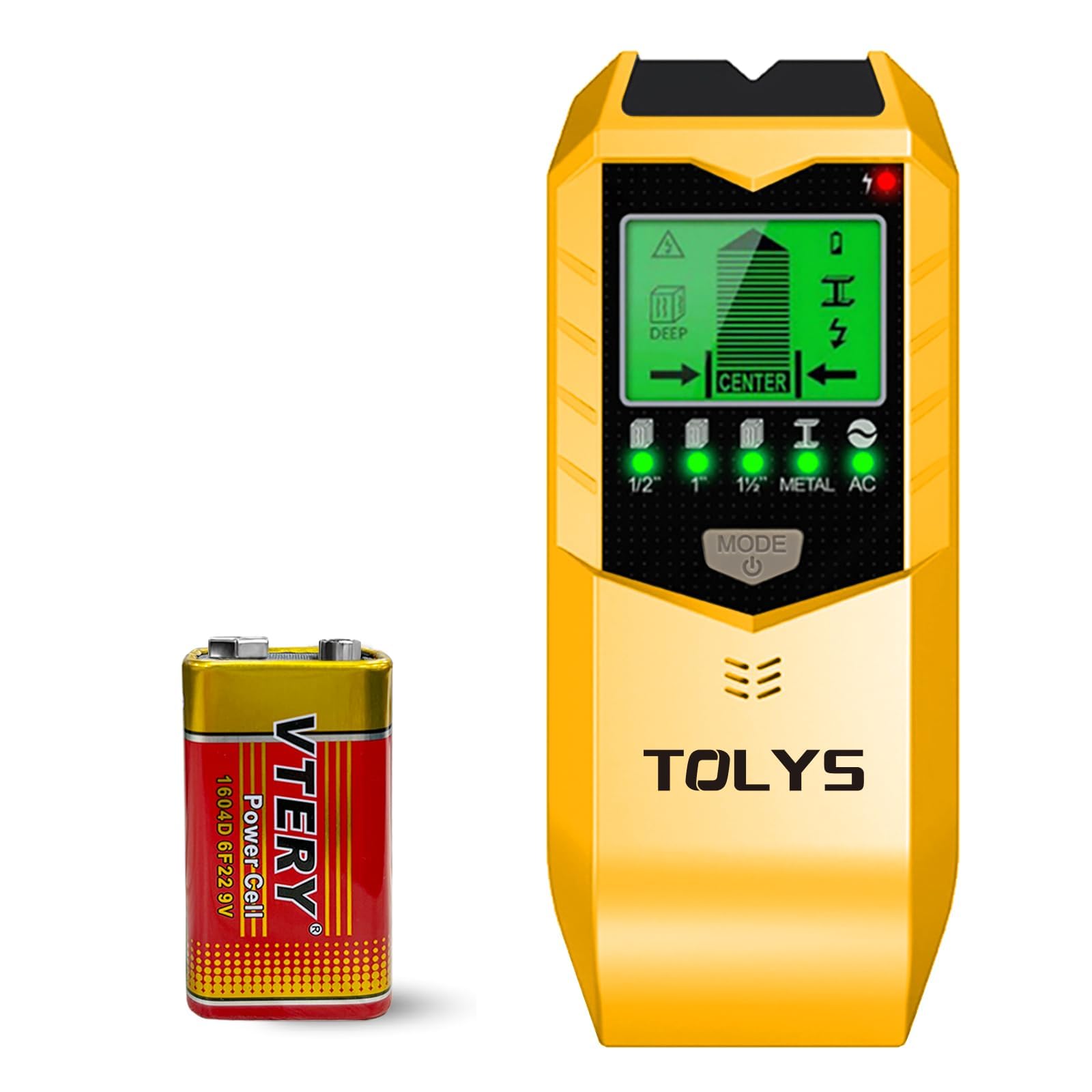 TOLYS Stud Finder Wall Scanner - 5-in-1 Detector for Wood, Metal, Live Wires | HD LCD Display | Accurate & Fast Detection | Portable Design | Detecteur de Montant (Yellow)