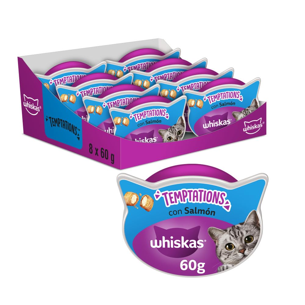 Whiskas Temptations Premios para Gatos, Sabor Salmón (Pack de 8 x 60g)