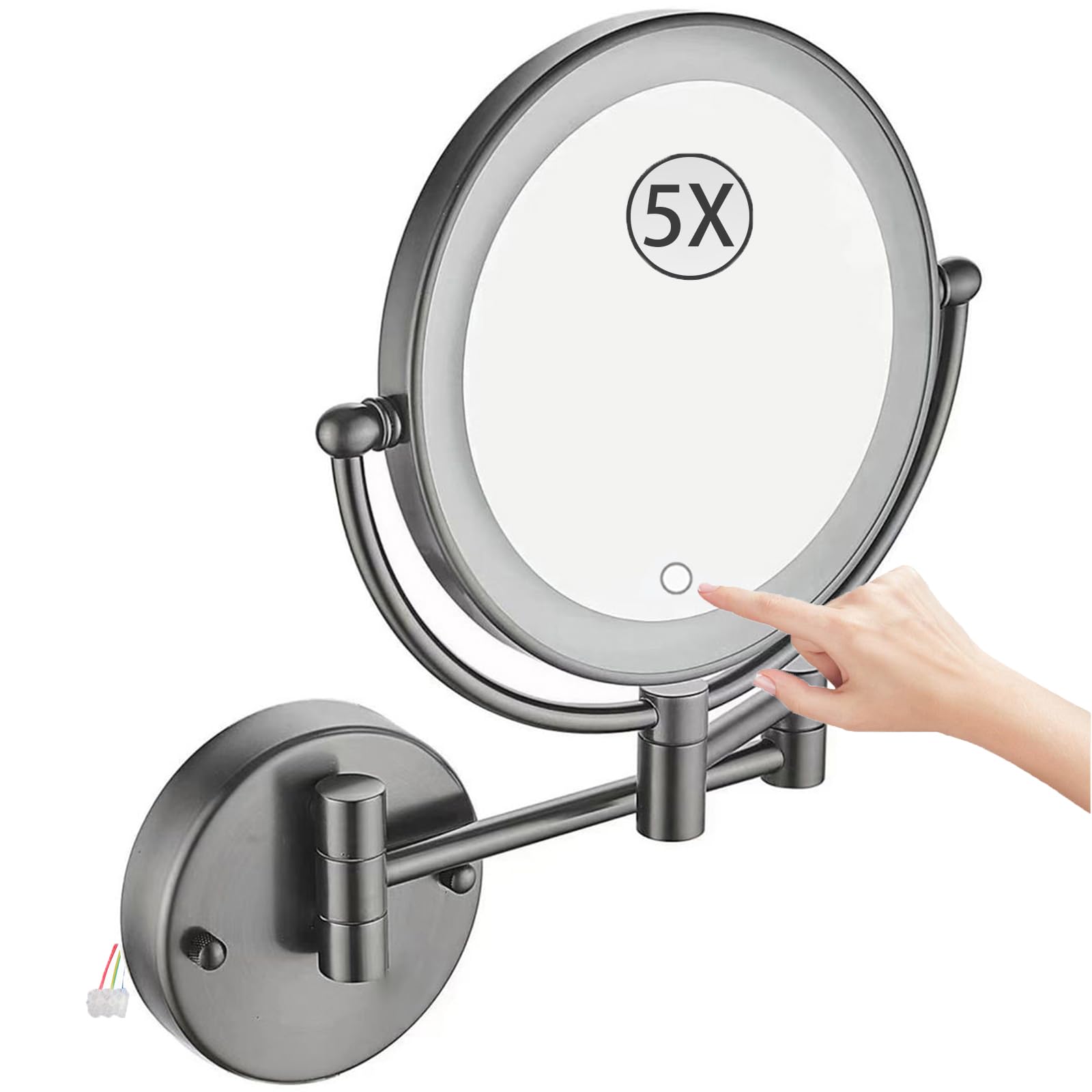 SXFSDOU Wall Mounted Magnifying Makeup Mirror, Hardwired Double Sided LED Lighted Vanity Extendable 360 Swivel Bathroom Mirror,Gray,5X