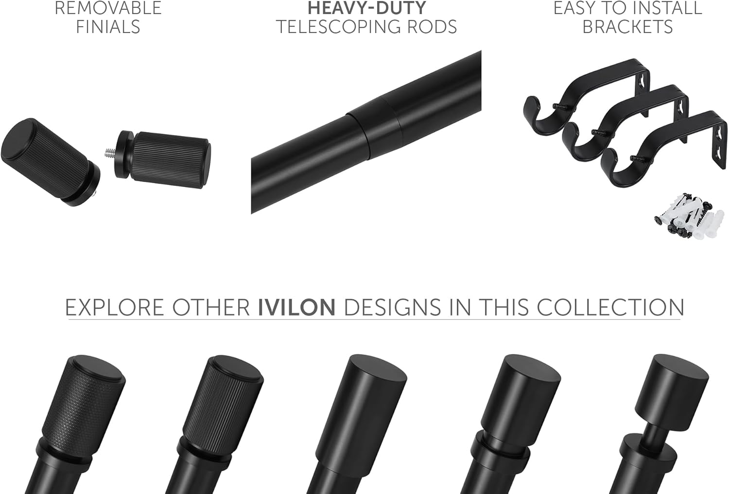 Ivilon Curtain Rods for Windows - Straight Knurling End Cap, 1 inch Diameter, Extendable Drapery Rod for Windows, 48 to 86 Inches. Color Black