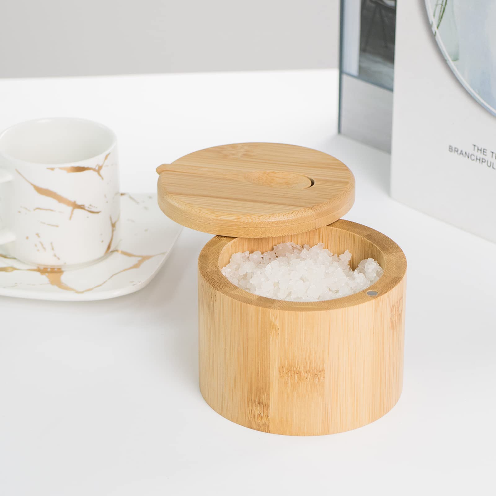 Cuencos de bambú para sal y pimienta con cuchara, recipiente apilado para sal/pimienta con tapas giratorias magnéticas y cucharas, moderno decorador de cocina de granja para almacenar sal, 4